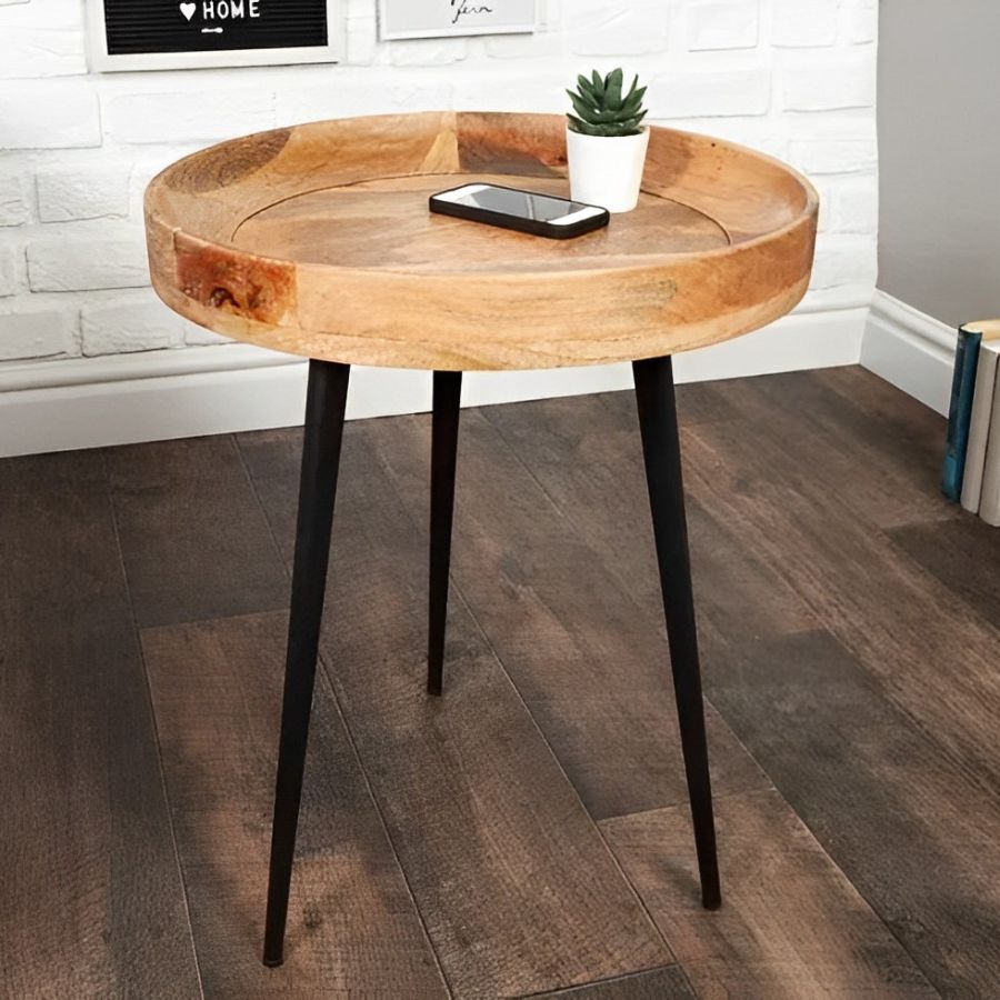 1 Elegant Side Table PURE NATURE 45cm Mango Wood With Black Legs