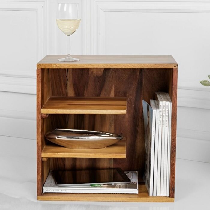 Solid Side Table CUBUS 43cm Sheesham Stone Finish Shelf