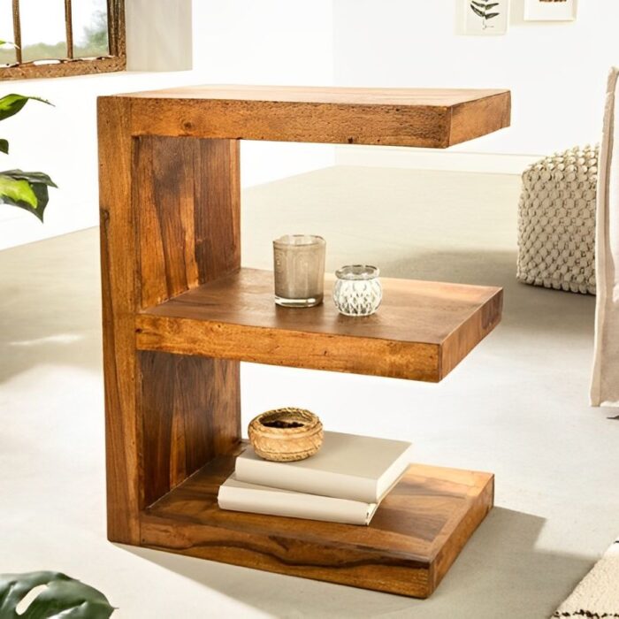 Handcrafted Side Table E 60cm Solid Sheesham Wood Variably Adjustable