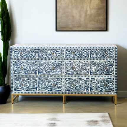 Bone Inlay Floral Design Six Drawer Chest Of Dresser