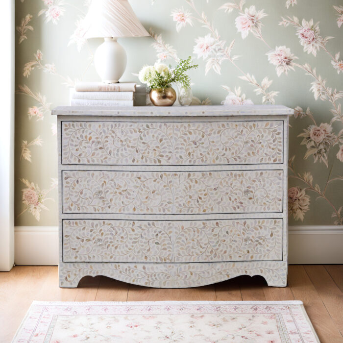 Mother Of Pearl Inlay Floral Chest Of 3 Drawer