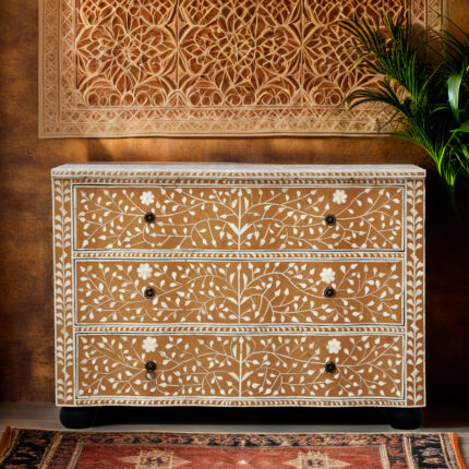 Bone Inlay Floral Design Chest Of Three Drawers