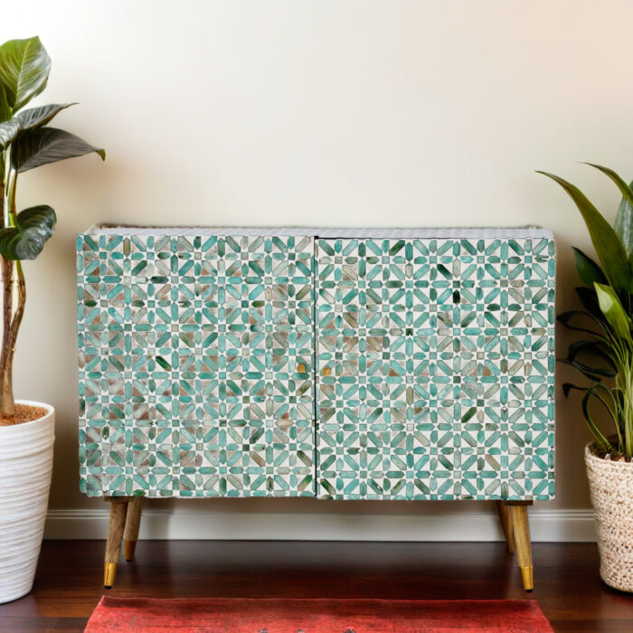 Geometric Bone Inlay Cabinet- Dyed Green