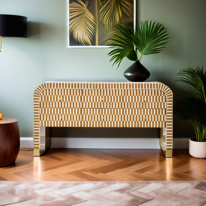 Almond Bone Inlay 6 Drawer Stripe Console Table