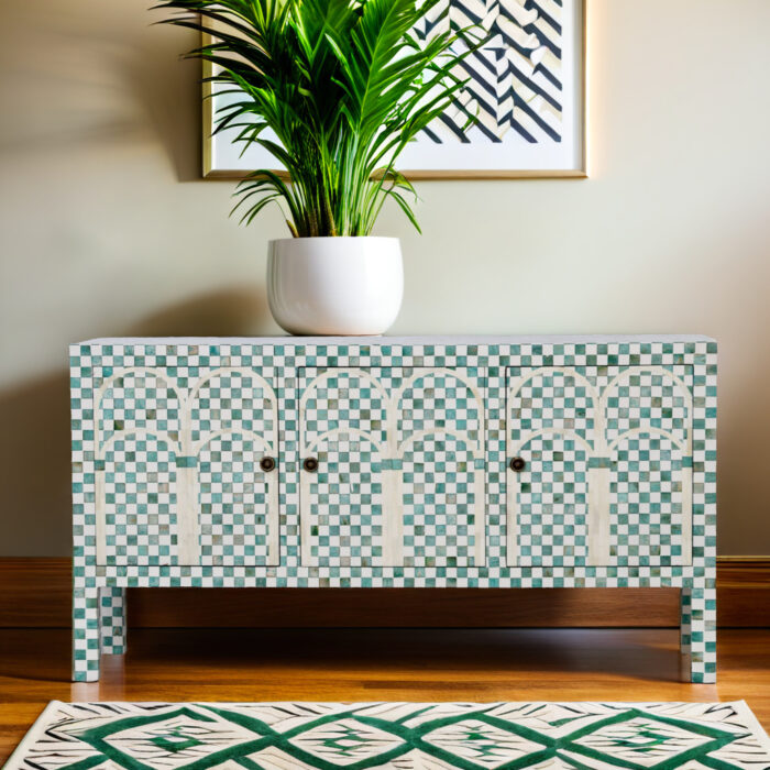 Checkered Pattern Dyed Green 3 Doors Sideboard