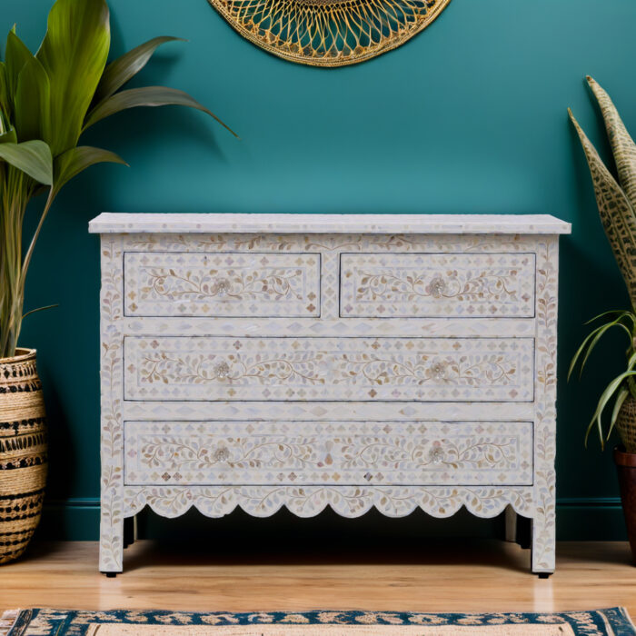 Mother Of Pearl Inlay Floral Chest Of 4 Drawers