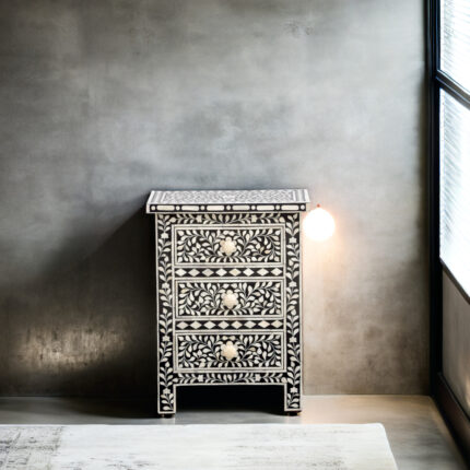Bone Inlay Floral 3 Drawer Bedside Table
