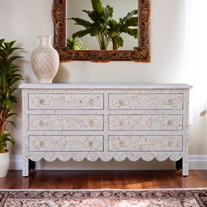 Mother Of Pearl Inlay Floral 6 Drawer Chest Of Dresser