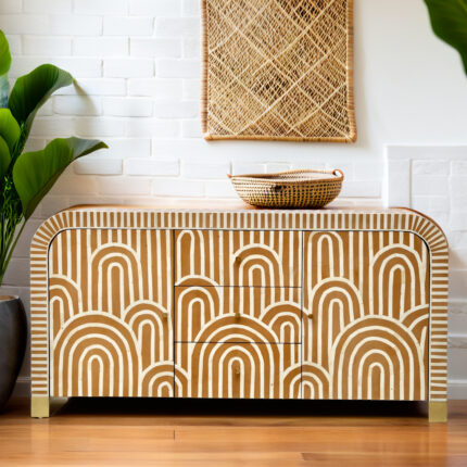 Haveli Bone Inlay Curved Sideboard - Almond