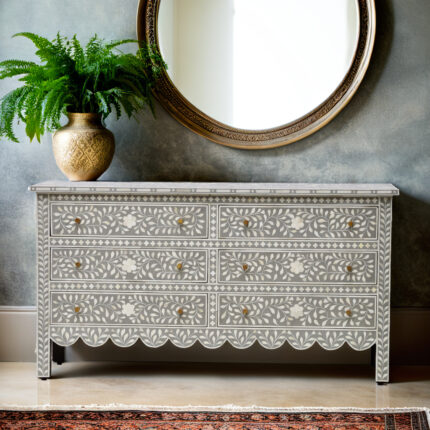 Bone Inlay Floral Design Six Drawer Dresser