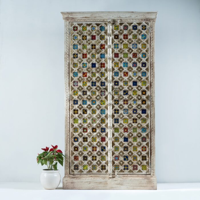 Hand-Carved Colourful Tiles Bar Cabinet
