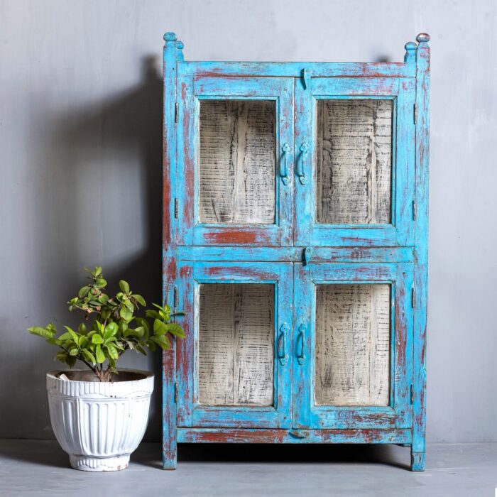 Teak Wood Cabinet Blue Distress