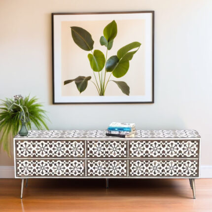 teak wood inlay tv console