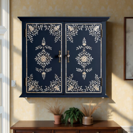 Bone Inlay Floral Design Wall Cabinet Navy