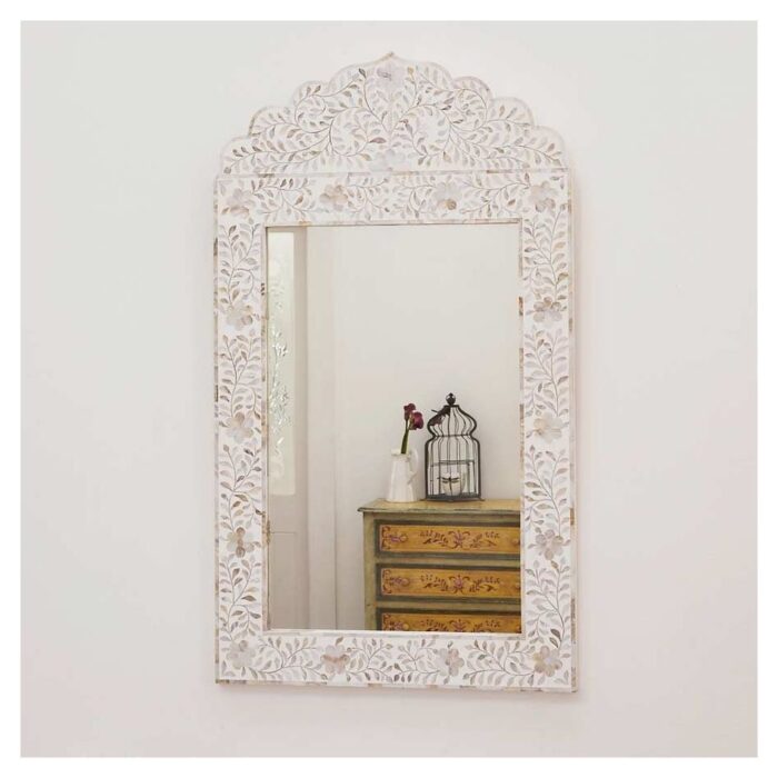 Mother Of Pearl Inlay Floral Mirror Frame White