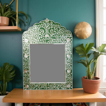 Mother Of Pearl Inlay Floral Mirror Frame Green